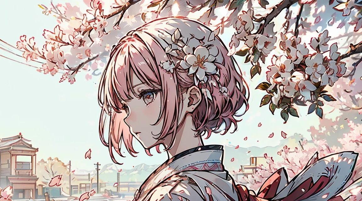 (White Background:1.4),(White dirt road, Oriental elements),(springの自然のイラスト:1.3,Paper Art:1.3, Quilting Paper Craft:1.2),( Streamlined Design, Clear lines, High sharpness,Highest quality, Very detailed, Mesa, Cinematic lighting effects, 4K )(Cherry leaves、springの桜:1.0)、Many cherry blossoms fluttering down、Wind、With background、spring、girl looking to the left、Rose petals、Lots of cherry blossom petals.、Very bright pink hair、length