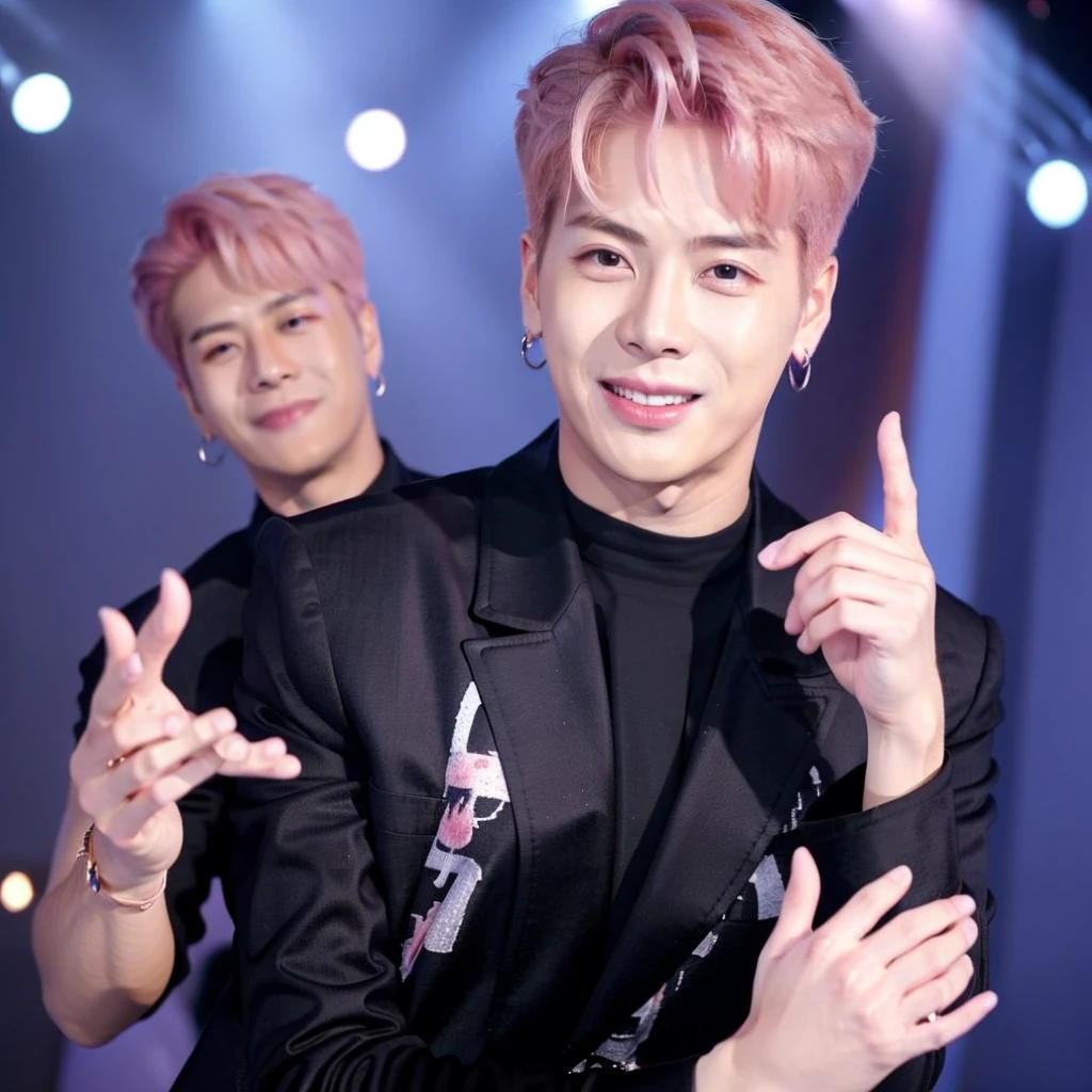 male, handsome,pink hair, earrings, smile, (photorealistic:1.4), best quality, masterpiece, photography, looking at viewer, on stage, stage lights, bokeh, upper body, black jacket,