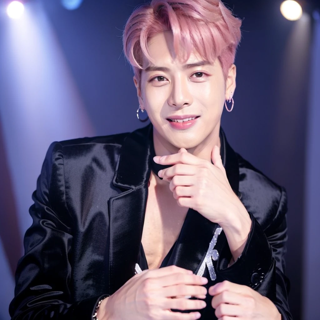 male, handsome,pink hair, earrings, smile, (photorealistic:1.4), best quality, masterpiece, photography, looking at viewer, on stage, stage lights, bokeh, upper body, black jacket,