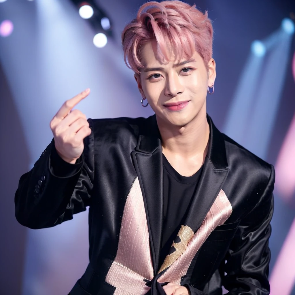 male, handsome,pink hair, earrings, smile, (photorealistic:1.4), best quality, masterpiece, photography, looking at viewer, on stage, stage lights, bokeh, upper body, black jacket,