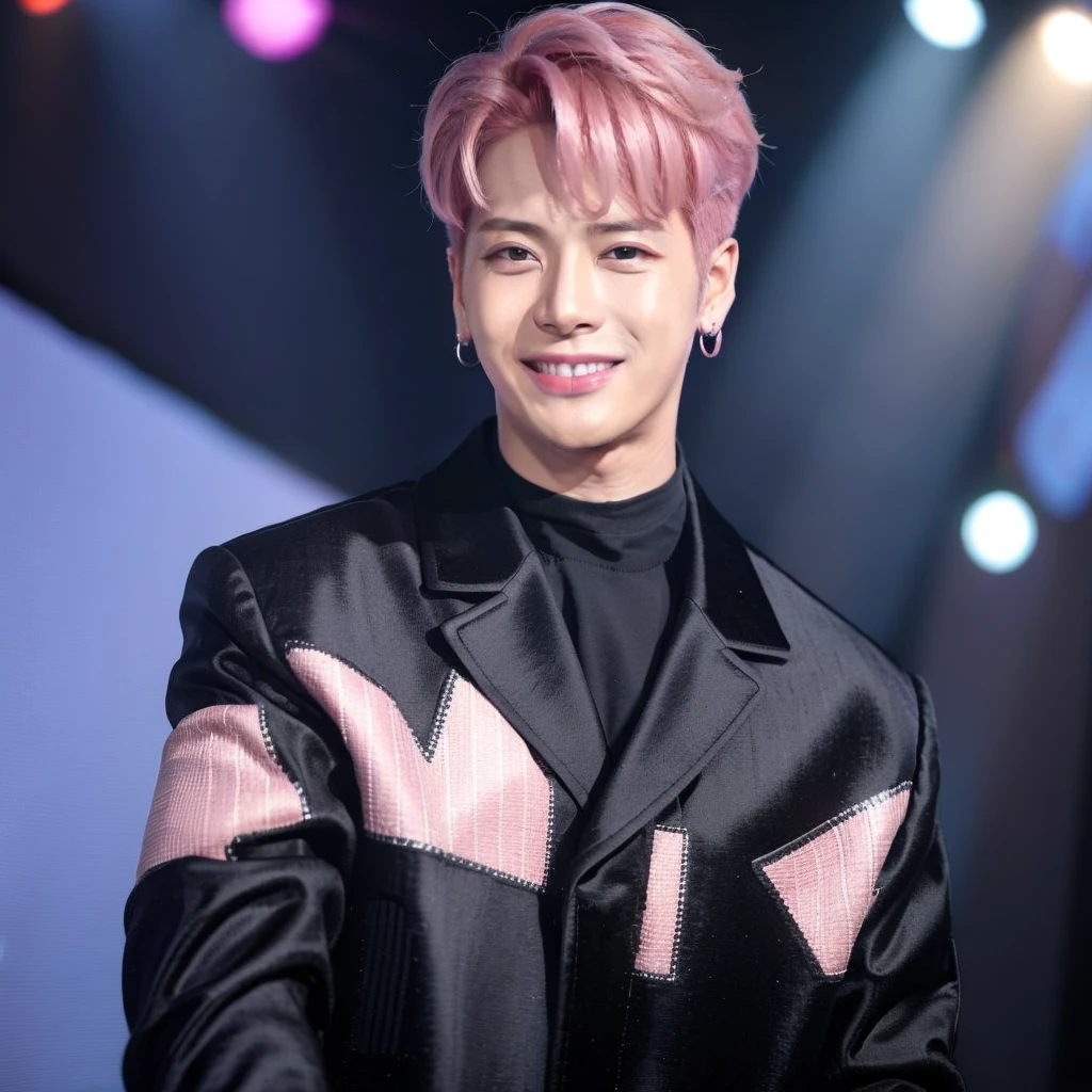 male, handsome,pink hair, earrings, smile, (photorealistic:1.4), best quality, masterpiece, photography, looking at viewer, on stage, stage lights, bokeh, upper body, black jacket,