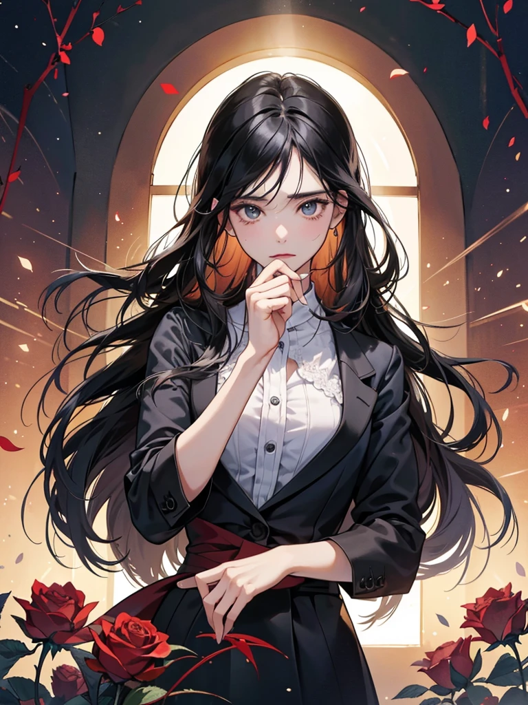 best quality,outstanding,一对情侣在garden里拥抱在一起,The man hugged the woman from behind。Woman with long black hair,cry。Man with short black hair wearing suit,Poker face。garden,western-styled building,Rose,Thorns,Overbearing CEO,Novel cover,Beautiful and delicate face,HD,Light and Shadow,High quality details