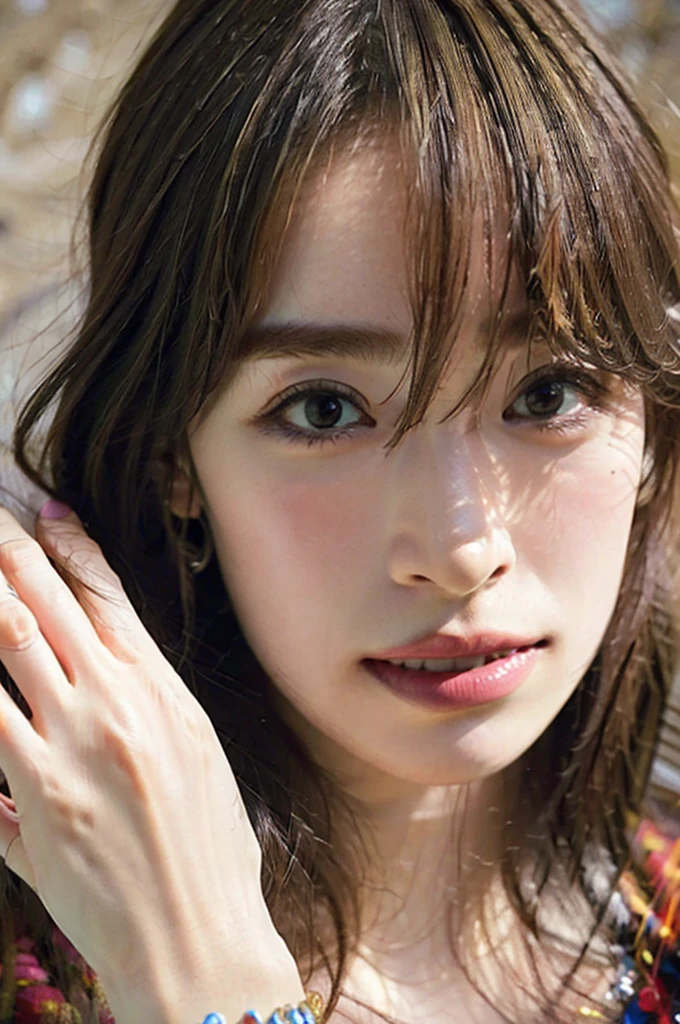 (RAW Photos, highest quality), (Realistic, Photorealistic:1.3), masterpiece, Very delicate and beautiful, Soft Light, (Brown Hair, Long hair swaying in the wind, bangs), Beautiful detailed girl, (Detailed fingers), Highly detailed eyes and face, Beautifully detailed nose, Beautiful fine details, 1 girl, Japanese, Pure beauty, cute, young, smile, No clothes, (Half Body:1.3), (Large Breasts), Realistic face, Realistic body, whole body, naked, big breast