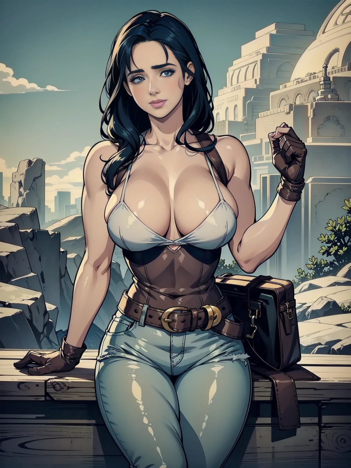 Jennifer Connelly , , white bra, green vest, sleeveless, へそ, blue jeans, Brown boots, gloves fingerless, short gloves, slightly-smile, shorth hair, wavy hair, parted bangs, blue colored eyes, wart under the right eye, old american west, sunny desert background, waist belt, best quality, Obra de arte Jennifer Connelly