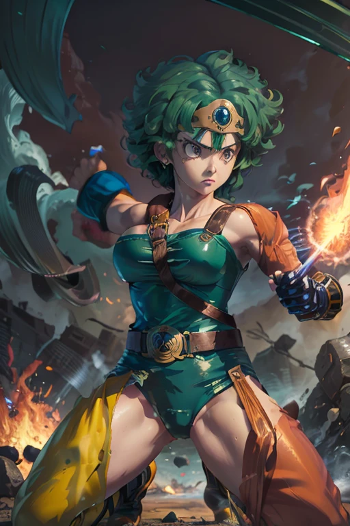 Anime Artwork Anime Artwork Masterpiece,most、high quality, Unreal Engine, Ultra-high resolution, Very detailed丸い胸, 1 person with medium chest, Waist, thin,(Muscular:0.9)
heroine,
Circlet, Curly Hair, Green Hair, short hair, Asymmetrical clothing, leotard, belt, One-handed gloves, Single Sleeve, Single Thigh High Cave, Holding a sword, . Anime Style, Key Visual, Vibrant, Studio Anime, Very detailed、be attacked by fire by the enemy. I'm running out of life. ragged equipment. kneel on one knee. Attack with a poisonous fog