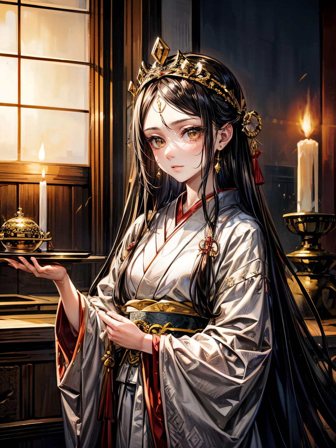 Himiko, ancient Japan, queen, shaman,((Forehead hai)),,long black hair, deep brown eyes, sumptuous attire, crown, sacred altar,regal expression