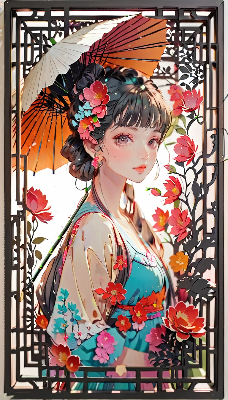 (((paper cutting style))), (frame of illustration is 3D paper cutting: 1.2), (random fashion), (random angle), (random hairstyle), (random hair color), (random hair length), 1 girl, umbrella, flower