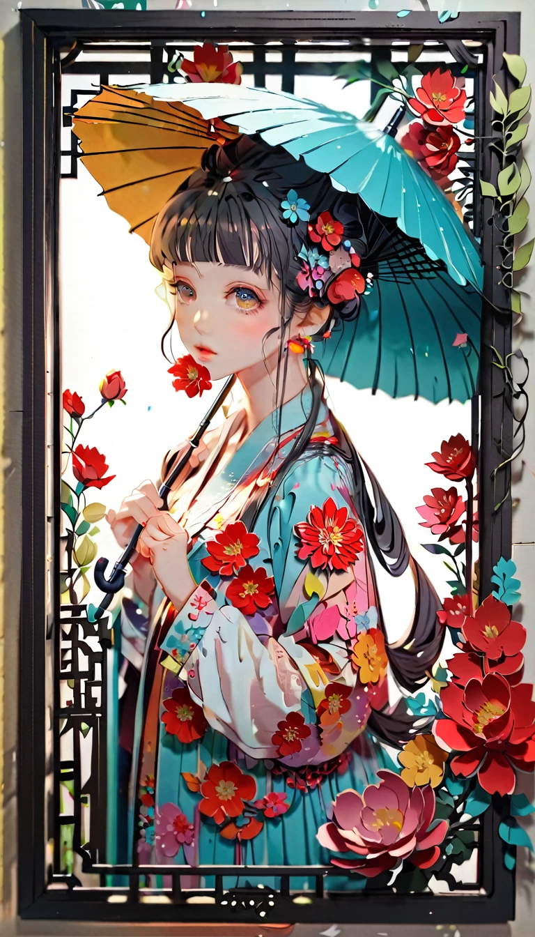 (((paper cutting style))), (frame of illustration is 3D paper cutting: 1.2), (random fashion), (random angle), (random hairstyle), (random hair color), (random hair length), 1 girl, umbrella, flower