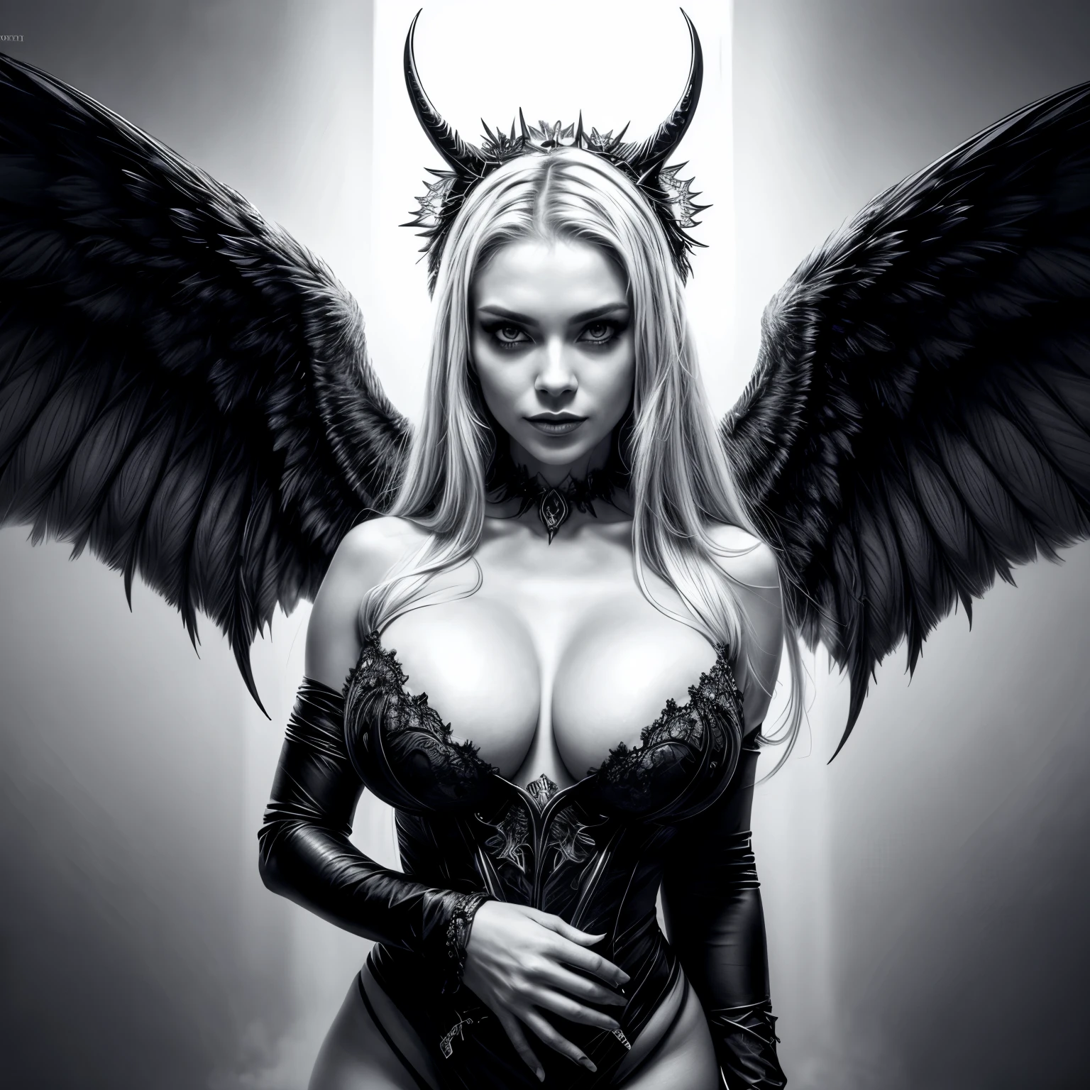 An amazing creature, incredibly sweet appearance with a hellishly evil soul, big boobs, in the style oF good and evil, Demonangel Stripcore, white witchcraFt, luminosity oF background, Fallingcore, hyper realistic and hyper detailed, stunning composition, hyperemotional, epic cinematic lighting, 32k UHD resolution, evil smile, bloody dress ultra realistic, elegant, muito detalhado, complicated, sharp Focus, depth oF Field, F/1.8, 85mm, Medium shot, Medium shot, (Centered image composition), (proFessionally color graded), ((bright soFt diFFused light)), Volumetric fog, Trending on Instagram