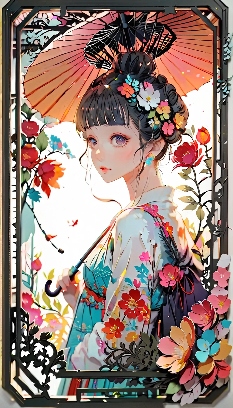 (((paper cutting style))), (frame of illustration is 3D paper cutting: 1.2), (random fashion), (random angle), (random hairstyle), (random hair color), (random hair length), 1 girl, umbrella, flower