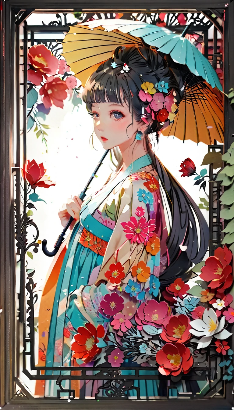 (((paper cutting style))), (frame of illustration is 3D paper cutting: 1.2), (random fashion), (random angle), (random hairstyle), (random hair color), (random hair length), 1 girl, umbrella, flower