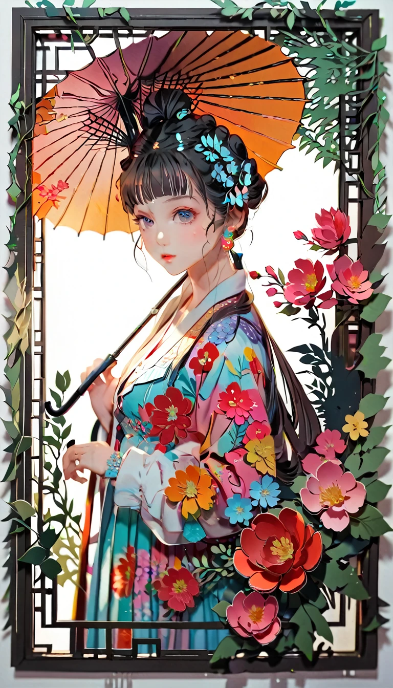 (((paper cutting style))), (frame of illustration is 3D paper cutting: 1.2), (random fashion), (random angle), (random hairstyle), (random hair color), (random hair length), 1 girl, umbrella, flower