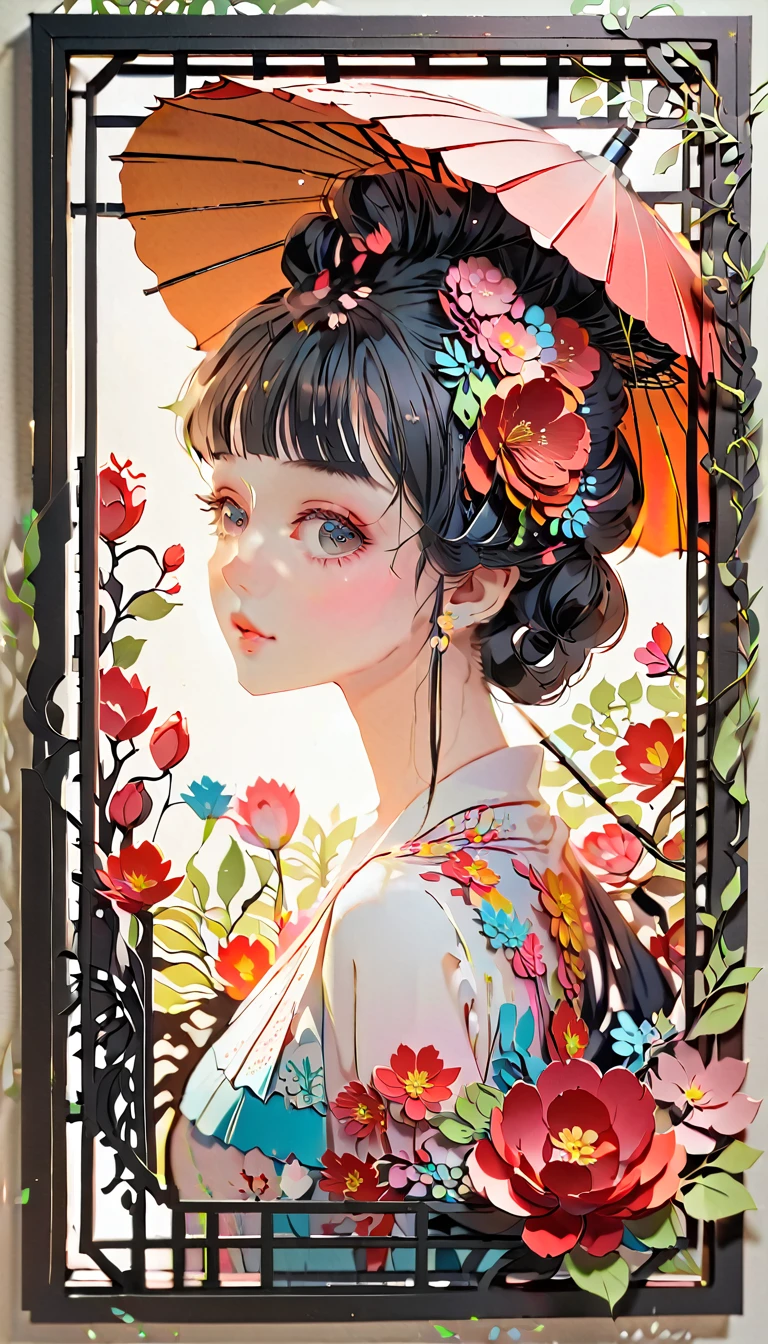 (((paper cutting style))), (frame of illustration is 3D paper cutting: 1.2), (random fashion), (random angle), (random hairstyle), (random hair color), (random hair length), 1 girl, umbrella, flower