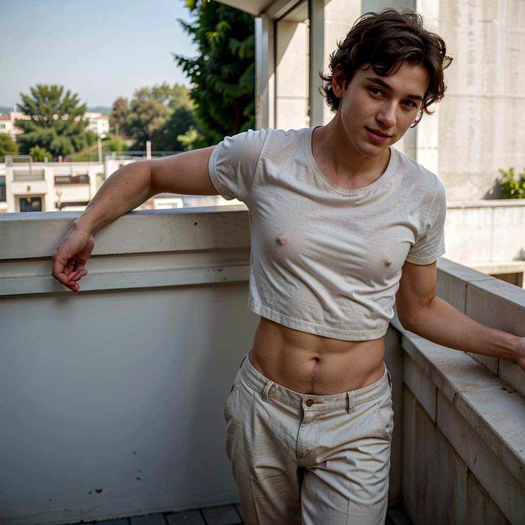 One Caucasian young man, short curly hair, full body shoot, on terrace, filmy grain, realistic, photorealistic, hyper-realistic, candid pose, slight smile, wearing casual clothes