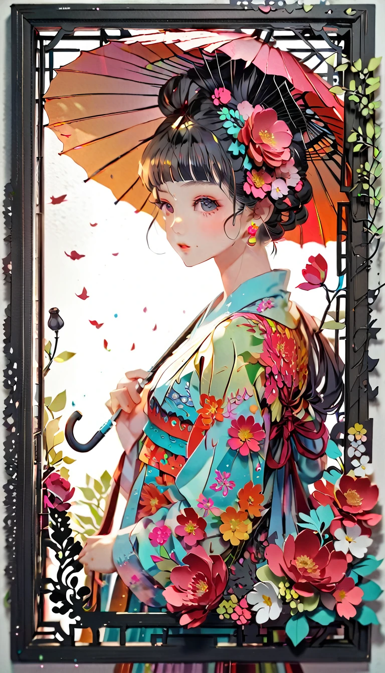 (((paper cutting style))), (frame of illustration is 3D paper cutting: 1.2), (random fashion), (random angle), (random hairstyle), (random hair color), (random hair length), 1 girl, umbrella, flower