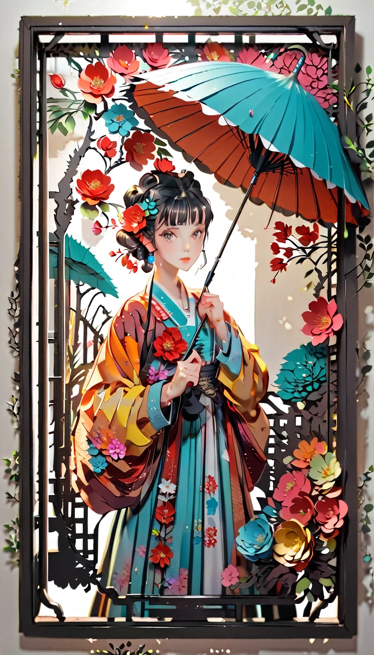 (((paper cutting style))), (frame of illustration is 3D paper cutting: 1.2), (random fashion), (random angle), (random hairstyle), (random hair color), (random hair length), 1 girl, umbrella, flower