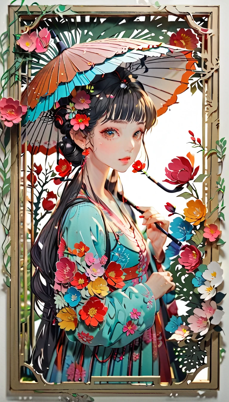 (((paper cutting style))), (frame of illustration is 3D paper cutting: 1.2), (random fashion), (random angle), (random hairstyle), (random hair color), (random hair length), 1 girl, umbrella, flower