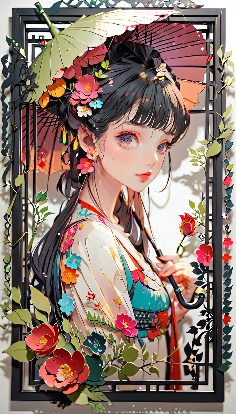 (((paper cutting style))), (frame of illustration is 3D paper cutting: 1.2), (random fashion), (random angle), (random hairstyle), (random hair color), (random hair length), 1 girl, umbrella, flower