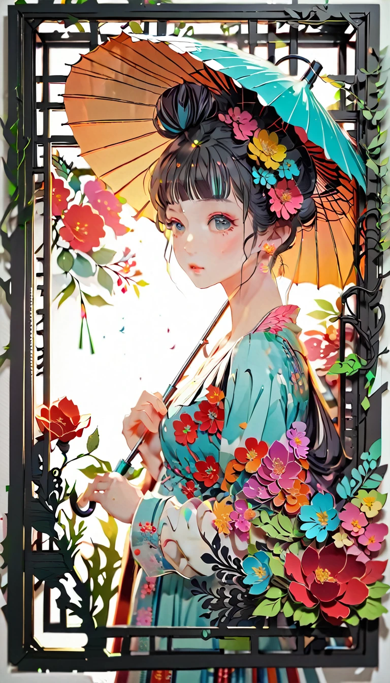 (((paper cutting style))), (frame of illustration is 3D paper cutting: 1.2), (random fashion), (random angle), (random hairstyle), (random hair color), (random hair length), 1 girl, umbrella, flower