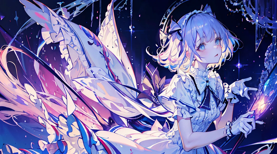 Super gorgeous, Maximum, Shiny, Cinema Lighting, curl, roman curl, Frills, Foggy, Alice in Wonderland, Dramatic composition, Attention to detail, High resolution, ta Dress, bow, Pearl Necklace, Lace gloves, bow, ribbon, floating, Floating, jump, Foggy, Star-like, dream-like