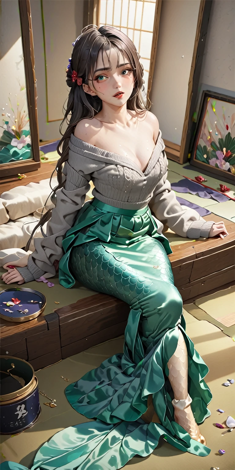 Portrait、(masterpiece,Highest quality,Ultra-high resolution),Japanese women, (((Very beautiful 25 year old girl))),Long sleeve sweater、((Satin mermaid skirt))、The skirt is ankle-length、