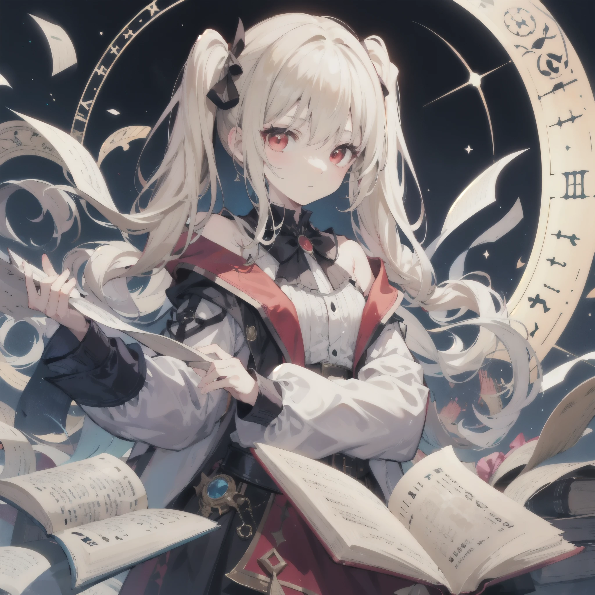 Twin tails,beige hair,Red eyes,Mysterious,Book,magic circle,Simple background,One Woman