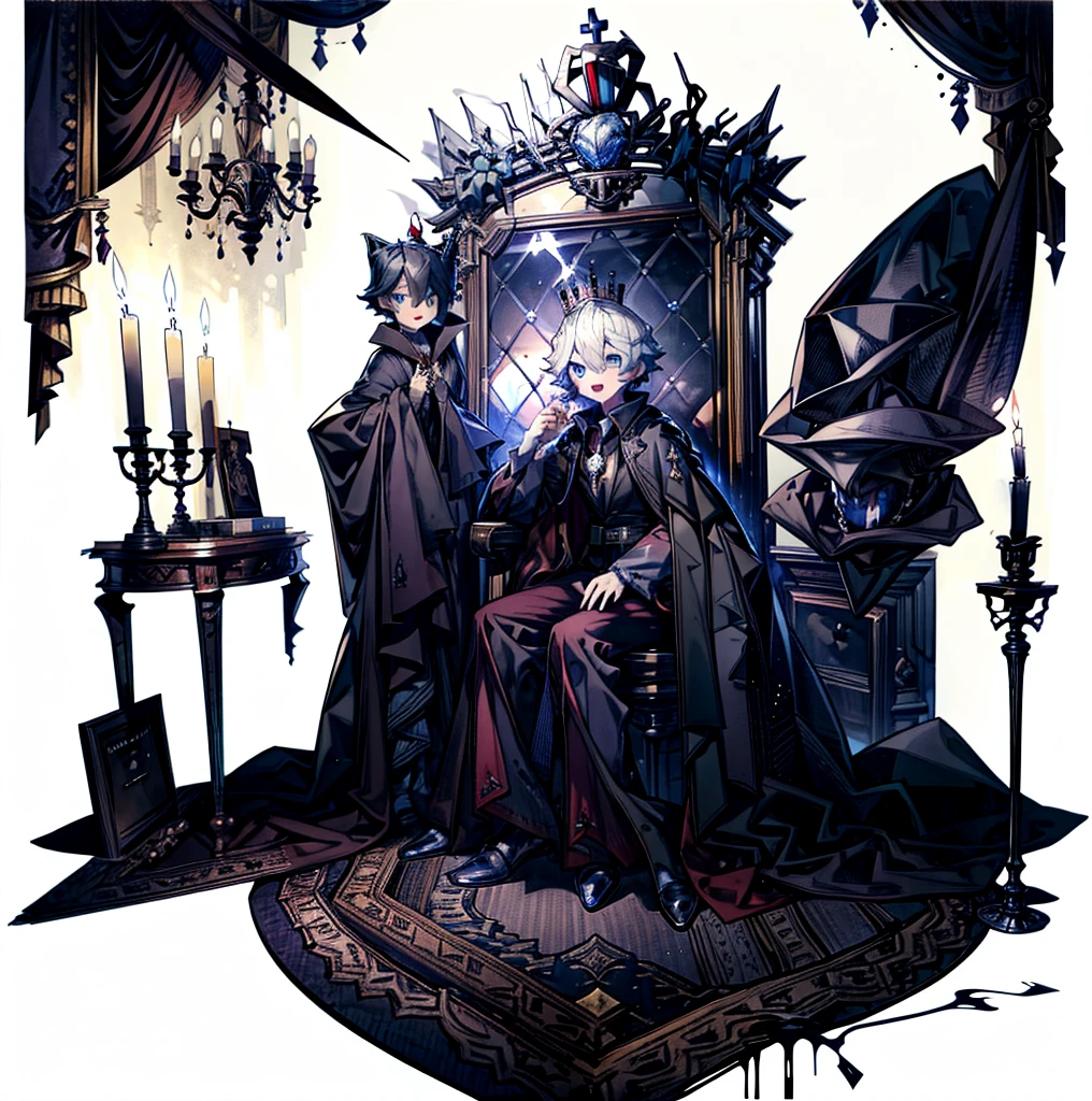 a boy，（Black short hair），blue eyes，Vampire cape，Open mouth smile，[White background 1::5]，Black Crown，Sitting on the throne，Stairs，Dark environment，Candle，Hand on head，Pick up the wine glass，Ghost Surround，（Cross necklace，Western European style），Look at the camera from the bottom up