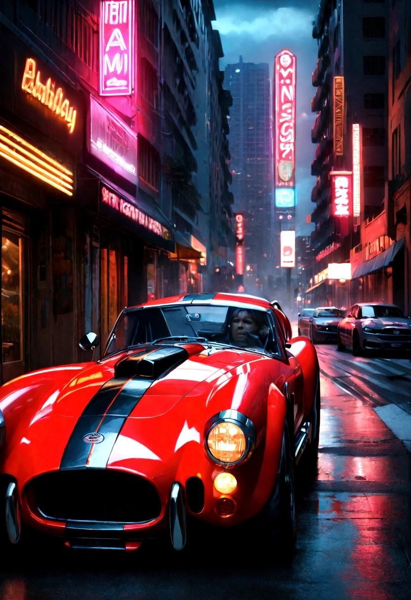 a Shelby Cobra sports car, detailed intricate car body, gleaming metallic finish, dynamic pose, night cityscape of Miami, vibrant neon lights, skyscrapers, palm trees, dramatic cloudy sky, cinematic lighting, sense of speed and danger, blood red accents, (best quality,4k,8k,highres,masterpiece:1.2),ultra-detailed,(realistic,photorealistic,photo-realistic:1.37),cinematic,highly detailed,sharp focus,dramatic lighting,moody atmosphere,intense colors,neon lights