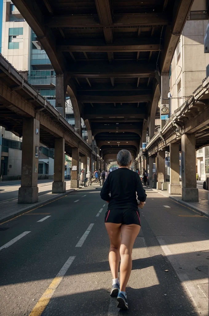 "A bustling futuristic cityscape, filled with vibrant, healthy-looking people of all ages. Elderly individuals, over 100 years old, are engaged in various activities, showcasing their vitality and active lifestyles. Advanced medical facilities and technologies are subtly integrated into the urban environment, hinting at the breakthroughs that have extended human lifespan. The scene reflects a society that has adapted to longer lifespans, with new challenges and opportunities emerging as a result"