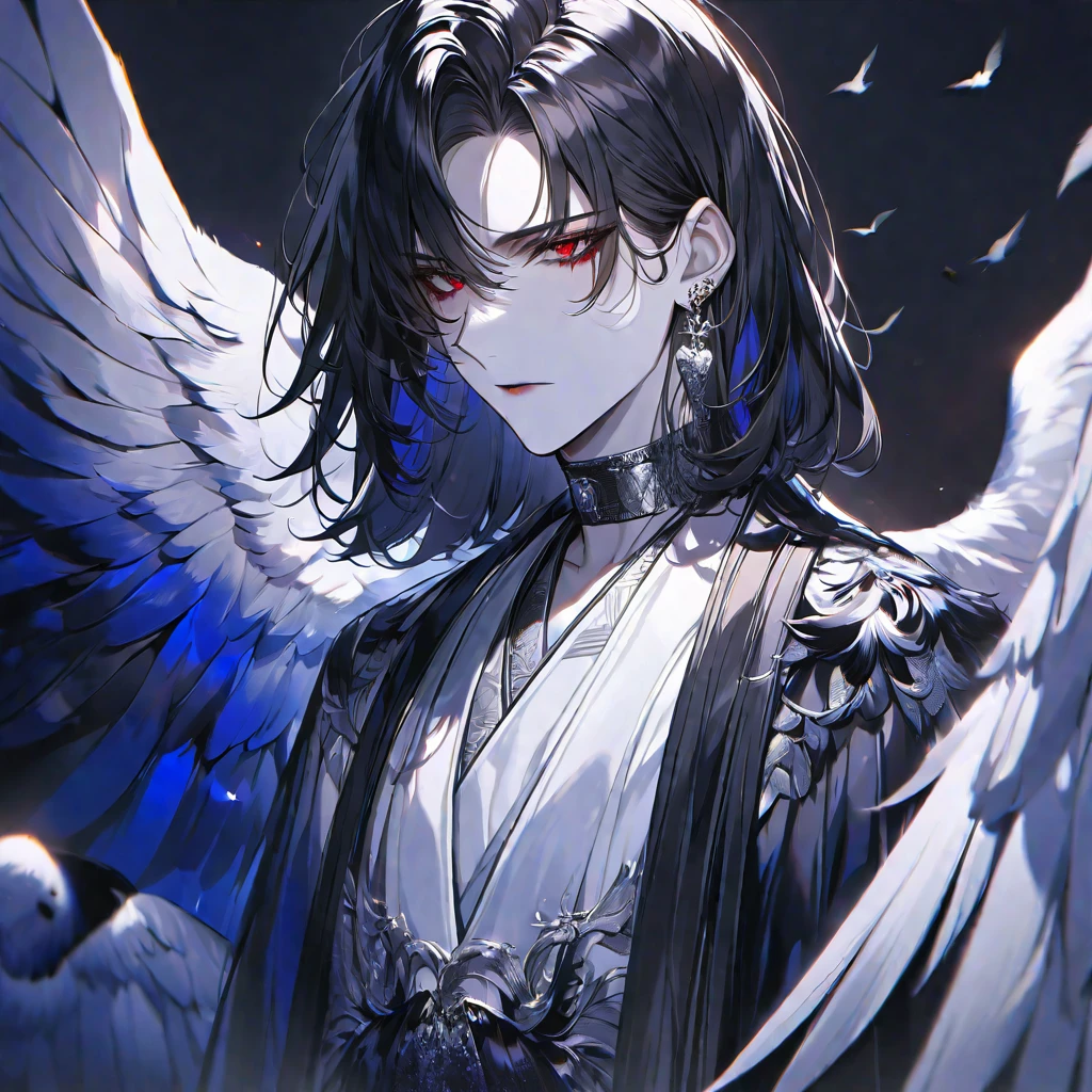 solo, handsome,
1. male,
hime cut,Straight Hair,Bob Hair,
black hair,
Gojo Satoru ,
red Eyes,Soft look,beautiful,beautiful,sexly,Darkness,Lots of silver earrings,choker,devil,
White OVERsize パーカー,
White skin,bird,wing,
black background,