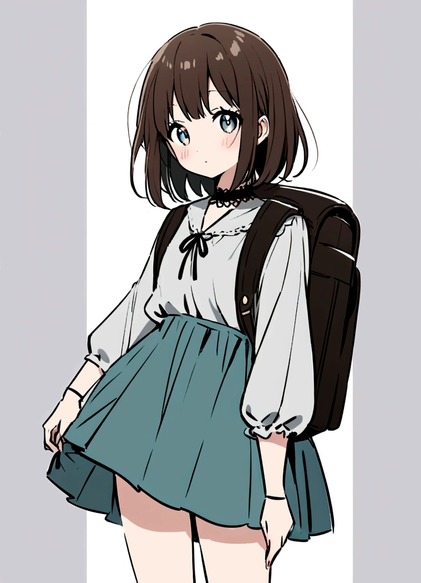 An anime-style drawing of a sweet, demure girl with a slight blush. She has medium-length, straight brown hair with a fringe, and her eyes are wide and bright. Her outfit consists of a loose, light-colored top with three-quarter sleeves and a black ribbon tied at the neck, along with a dark, short skirt. She has a backpack over one shoulder, and the background is a simple, light gray color.