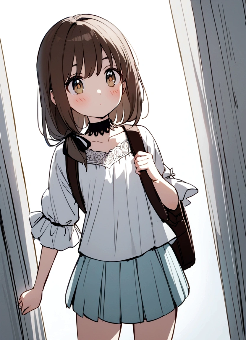 An anime-style drawing of a sweet, demure girl with a slight blush. She has medium-length, straight brown hair with a fringe, and her eyes are wide and bright. Her outfit consists of a loose, light-colored top with three-quarter sleeves and a black ribbon tied at the neck, along with a dark, short skirt. She has a backpack over one shoulder, and the background is a simple, light gray color.