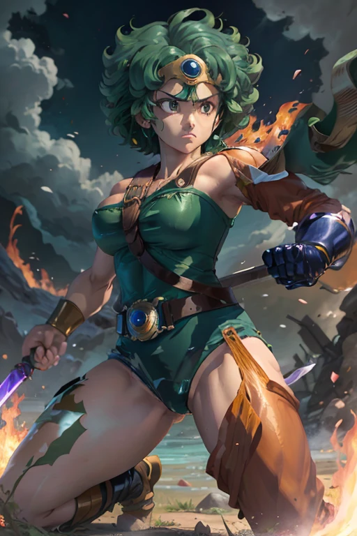Anime Artwork Anime Artwork Masterpiece,most、high quality, Unreal Engine, Ultra-high resolution, Very detailed丸い胸, 1 person with medium chest, Waist, thin,(Muscular:0.9)
heroine,
Circlet, Curly Hair, Green Hair, short hair, Asymmetrical clothing, leotard, belt, One-handed gloves, Single Sleeve, Single Thigh High Cave, Holding a sword, . Anime Style, Key Visual, Vibrant, Studio Anime, Very detailed、be attacked by fire by the enemy. I'm running out of life. ragged equipment. kneel on one knee. fall into a swamp.