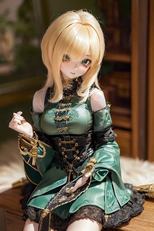photorealistic, realistic photo, ((highest quality)), ((masterpiece)), (extremely detailed), kukolnydom, doll, (mature woman:1.7), solo, ((cowboy shot)), sitting on desk, green eyes, (looking down, blank eyes, empty eyes, detailed eyes:1.3), light smile, leotard, museum, 8k