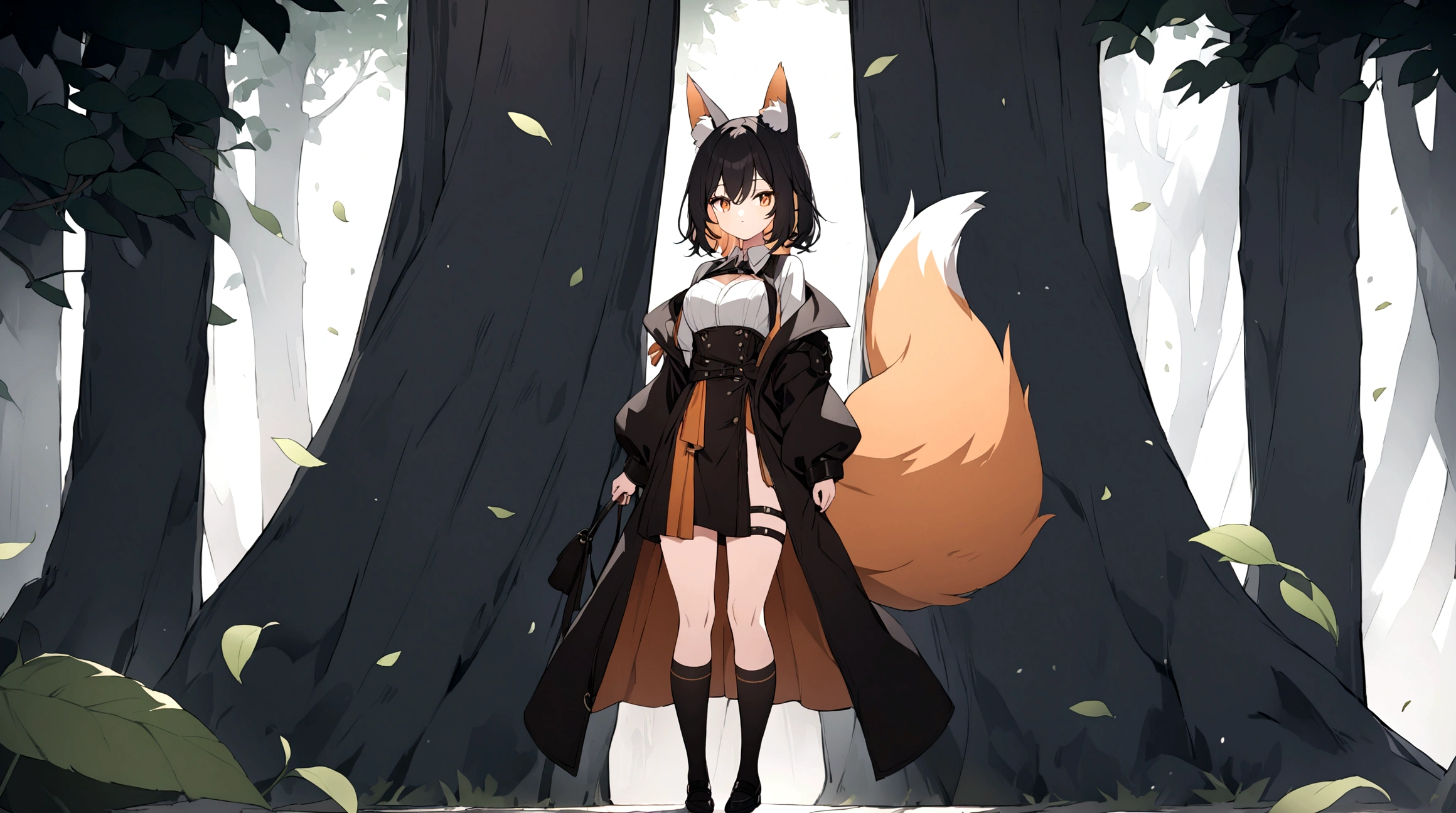 (1girl, Masterpiece, best quality) (detailed and beautiful eyes:1.6) (perfect hands, perfect anatomy) ((full body)) ((Make her look as Adult)) fox-girl Misaki has ((short black hair styled in a slightly tousled manner and her fox ears are perked up attentively.)) (She wears a black fantasy, adventurer leather leather with coat) Her outfit includes a (high-collared adventurer medium dress with red accents and 3 leather straps, emphasizing a combination of practicality) and elegance. She has a one black, big **fluffy** fox tail. She has a black long over-to-knee socks. Misaki's orange eyes exude a sense of mystery and confidence. Light filtering through the leaves create a serene yet enigmatic atmosphere. Her standing positon showcases her strength, adultness and readiness for battle.
