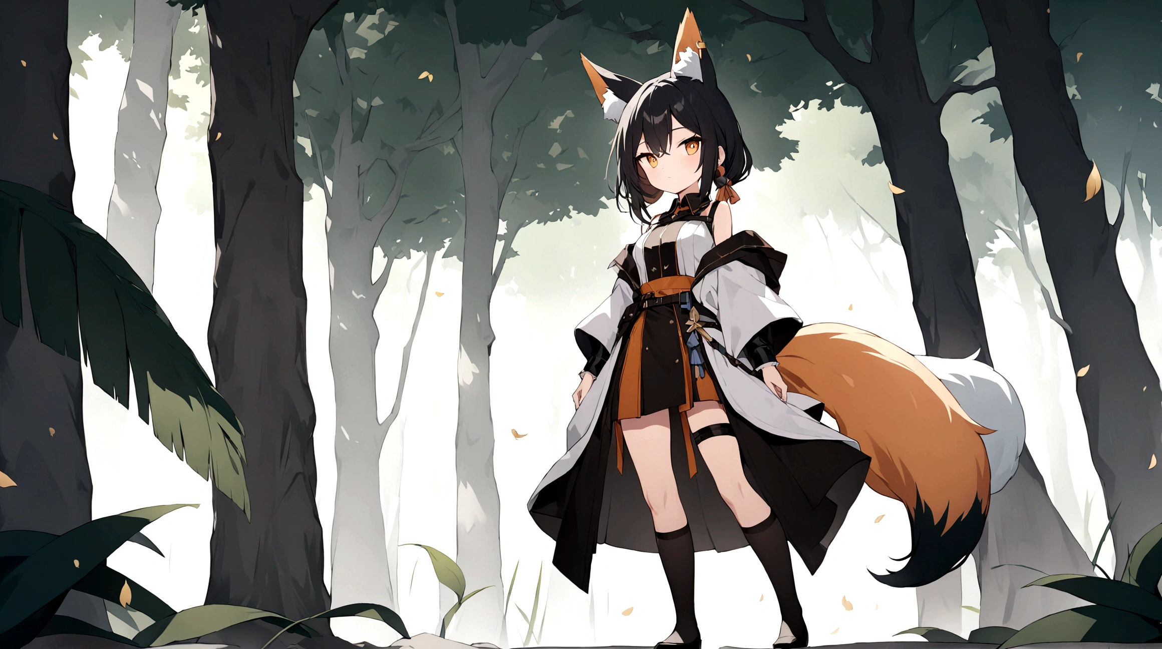 (1girl, Masterpiece, best quality) (detailed and beautiful eyes:1.6) (perfect hands, perfect anatomy) ((full body)) ((Make her look as Adult)) fox-girl Misaki has ((short black hair styled in a slightly tousled manner and her fox ears are perked up attentively.)) (She wears a black fantasy, adventurer leather leather with coat) Her outfit includes a (high-collared adventurer medium dress with red accents and 3 leather straps, emphasizing a combination of practicality) and elegance. She has a one black, big **fluffy** fox tail. She has a black long over-to-knee socks. Misaki's orange eyes exude a sense of mystery and confidence. Light filtering through the leaves create a serene yet enigmatic atmosphere. Her standing positon showcases her strength, adultness and readiness for battle.
