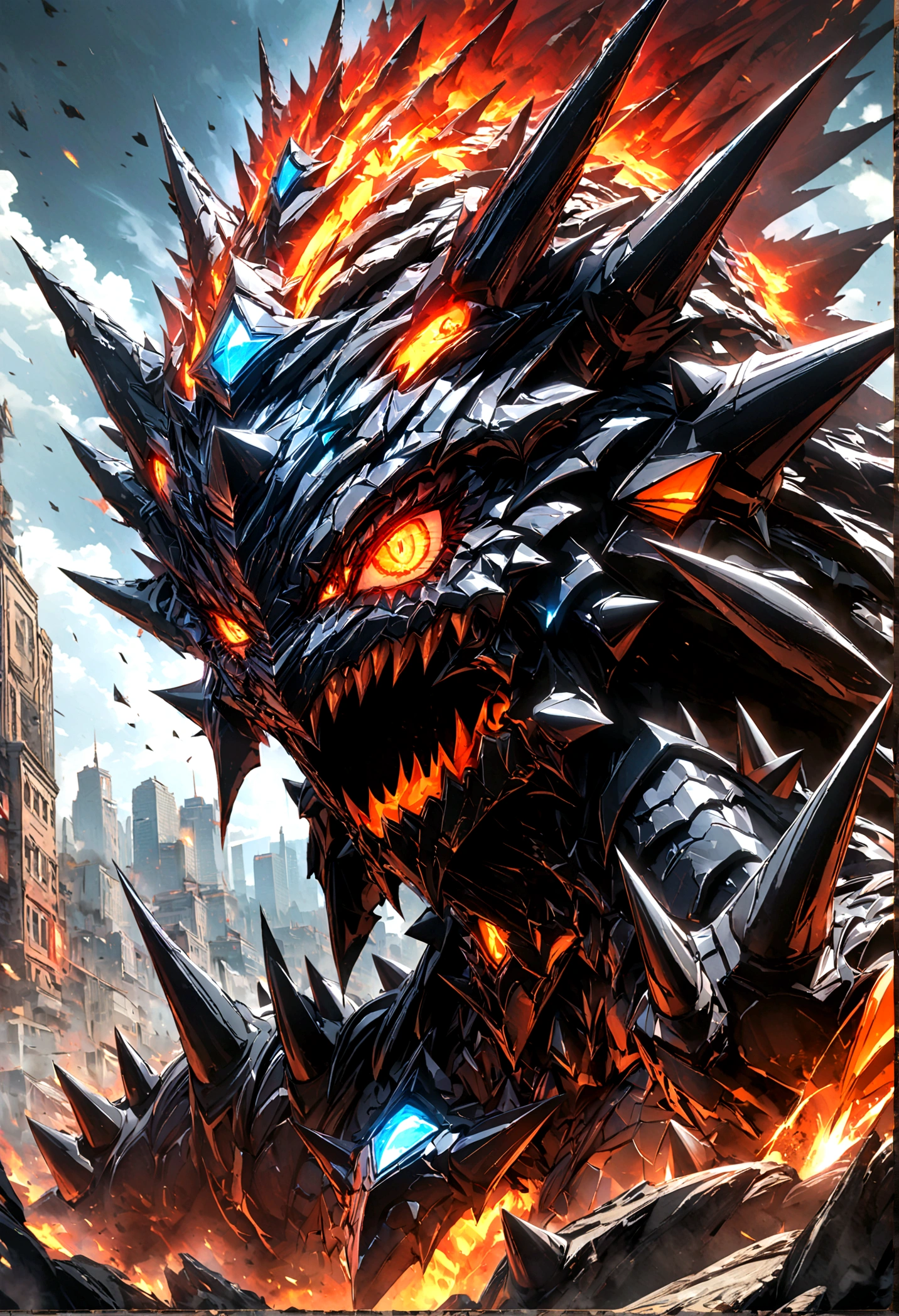 Kaiju form of a human, sharp, obsidian-like plates that overlap like armor reptilian head, obsidian spikes running from the forehead to the back of the neck. Four glowing amber eyes, arms with massive claws and blades, feet have three large, taloned toes, A long, whip-like tail ending in a mace-like cluster of obsidian spike, orange lines and aura in between armor. HD. city background destroyed. ultra HD, masterpiece, 4k, 8k, close up, portrait