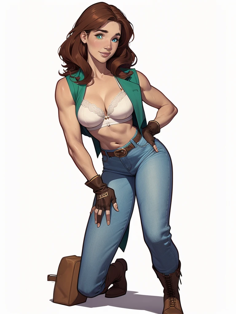 (cartoon style:1.2), Drawings of (Ginevra Molly Weasley), ssmile, perfect green eyes, face detailed, White background, fun pose, seducing gaze,Full body wearing the Sanserina uniform, beautiful medium breasts and wonderful body cartoon style digital illustration. Wearing pantiesJennifer Connelly , , white bra, green vest, sleeveless, へそ, blue jeans, Brown boots, gloves fingerless, short gloves, slightly-smile, shorth hair, wavy hair, parted bangs, blue colored eyes, wart under the right eye, old american west, sunny desert background, waist belt, best quality, Obra de arte Jennifer Connelly