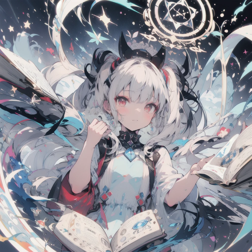 Twin tails,Beige hair,Red eyes,colorful,Mysterious,Book,Blue Flame,magic circle,イラストをはっきりと