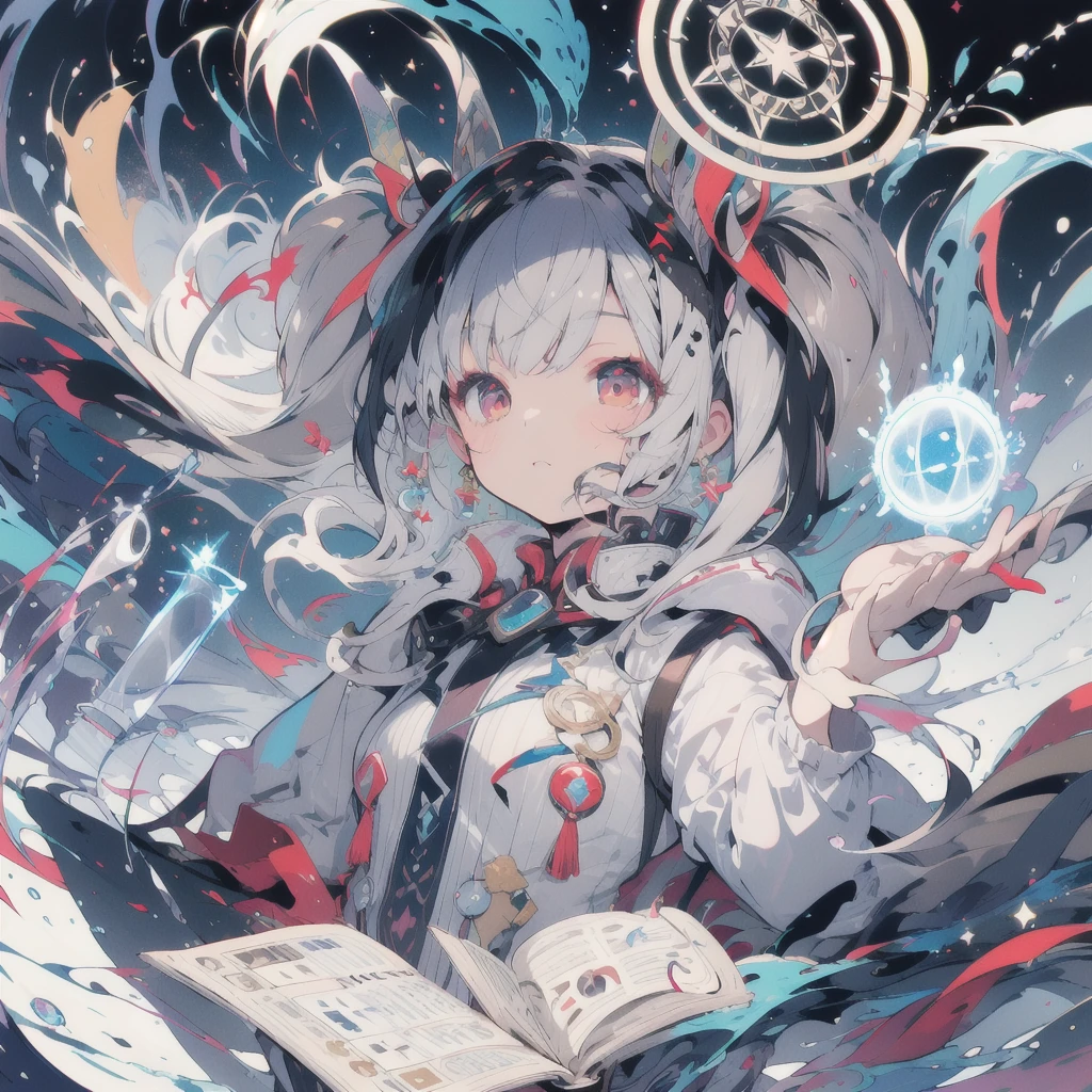 Twin tails,Beige hair,Red eyes,colorful,Mysterious,Book,Blue Flame,magic circle,イラストをはっきりと