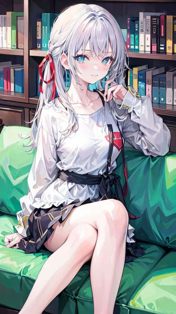 ((Highest quality)), ((masterpiece)), (detailed), a cartoon women in a  outfit sitting on a bed with what appears to be a white clock behind them, 1girl, 独奏, clock, panties, shirt, streaked hair, skirt, underwear, jacket, skirt lift, clothes lift, thighhighs, multicolored hair, white shirt, black panties, lifted by self, choker, collared shirt, looking at viewer, hood, dress shirt, hair ornament, red eyes, bow, black choker, open jacket, sitting, black thighhighs, x hair ornament, blush, classroom