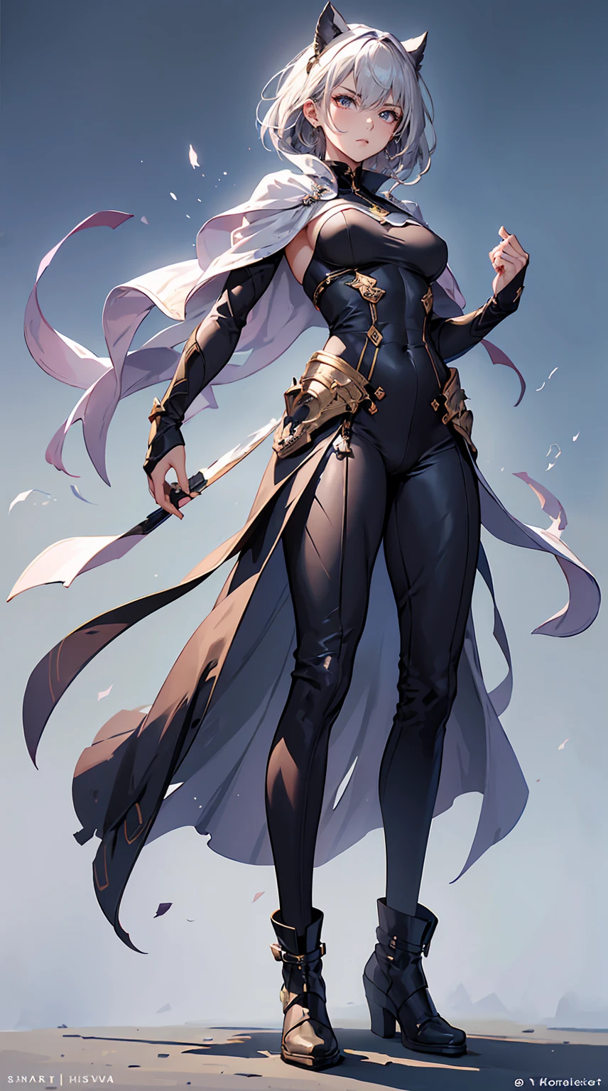 Highest quality、masterpiece、8K、Realistic、超High resolution、Very delicate and beautiful、High resolution、Fantasy、Muscle Girl、Perfect female body、Neutral women、Gray Hair、Short Hair、Toned body、Cape、Clothing with low exposure、pants、boots、cigarette、Wild Pose、Full body emphasis、Simple Background、Angry、Swordsman