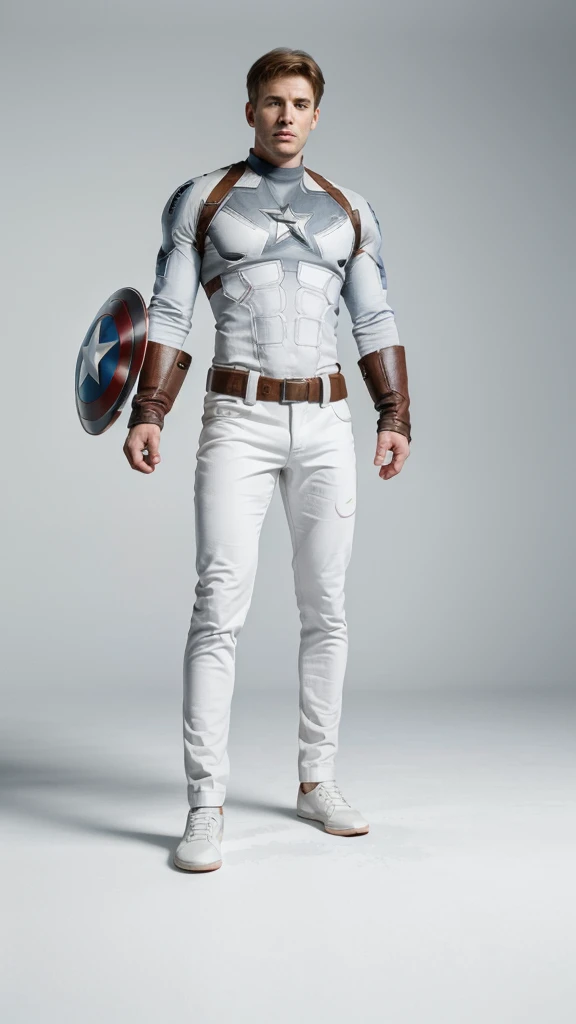 (8k, RAW photo, best quality, masterpiece:1.2),ultra realistic, masterpiece, solo, white background, full body, monster, simple background, standing, captain america