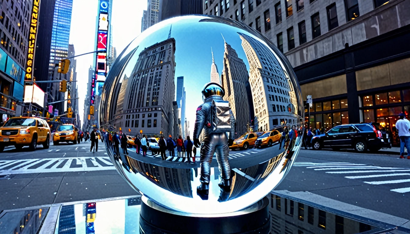 Looking up，A giant astronaut wearing a mirrored helmet looks at the New York street scene in the crystal ball，Beautiful sparkling crystal ball, Flying vehicles，Lenses, Scenes, amazing, thrilling, There&#39;s a magical feeling in the air, Magical Fantasy, Diffuse lighting