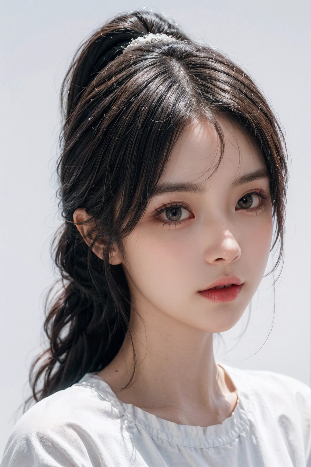 masterpiece, best picture quality, Extreme details, ultra high resolution, ultra high definition, Beautiful girl, woman, shiny skin, thin, black hair, short ponytail, 1, big eyes, beautiful eyes, lipstick, Exquisite facial features, bust, look at the viewer, t-shirt, single tone background, White background, soft light