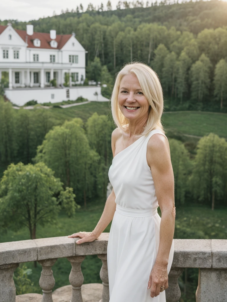 A realistic, photorealistic image of Felicidad, a 60-year-old Finnish woman with a Scandinavian background, (((white blonde and shoulder length hair))), smiling and enjoying, overlooking the mansion over the hilltop, upper body and upper legs, (((round face))), (medium hair)
