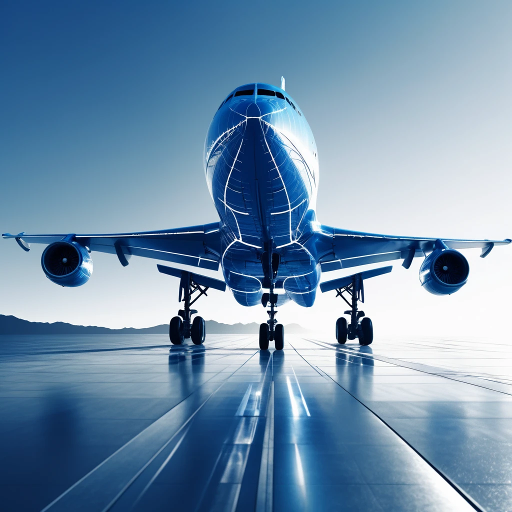 Silhouette of an airplane being sucked in、From front to back、Faint Lines、High contrast、Rendered in a glowing blue and silver duotone style、Expressing beauty to the fullest、Gives off a delicate glow、Inorganic、Softness、Lightness