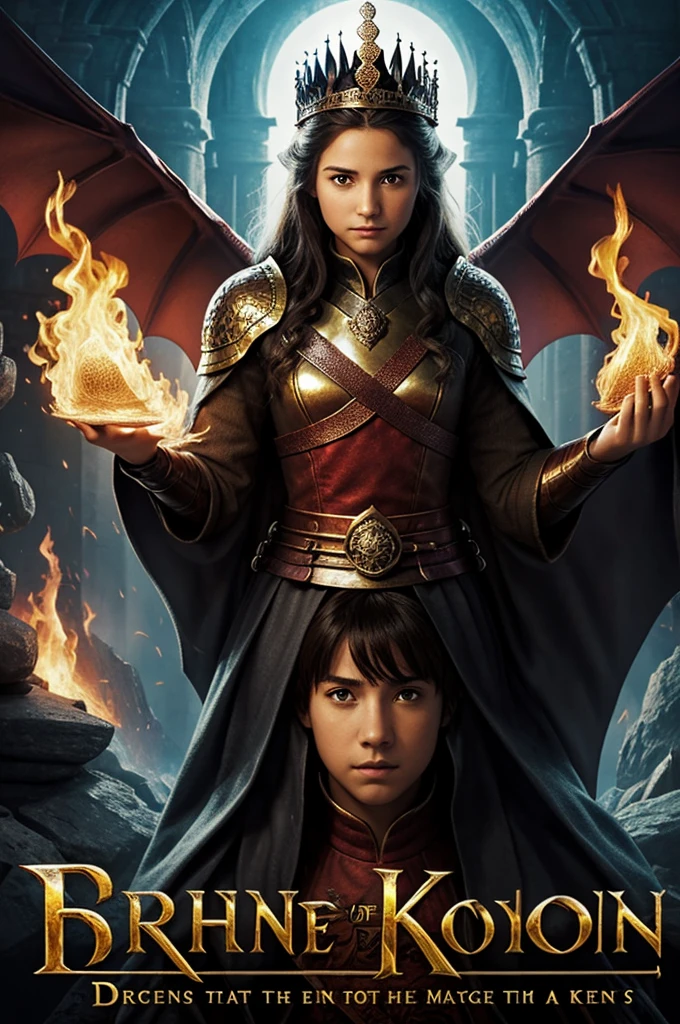 Book cover for a fantasy book. The book is about four kingdoms and the main character in her way to discover her mom killer. The book has dragons and magic . The main character has a fire magic and she fall in love with a prince. In the and they conquer all the kingdoms and become queen and king. Combine this things and a perfect book cover.