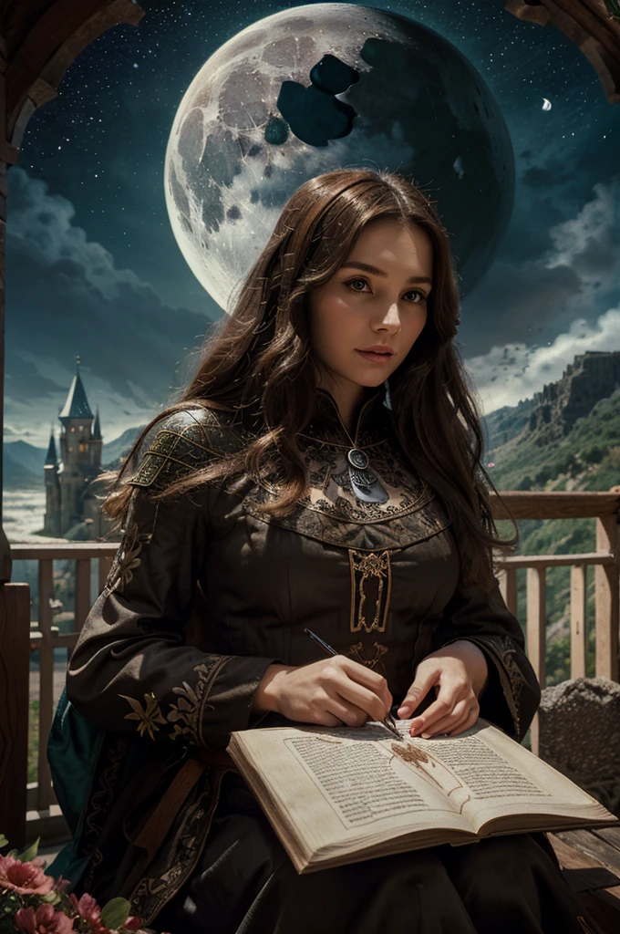 (Masterpiece),(best quality), illustration, (Fantasy:1.4), witch, cute detailed digital art, Beautiful face, brown hair, hair grows, castle, mountain, Long dark dress, moon, flower , paper_cut