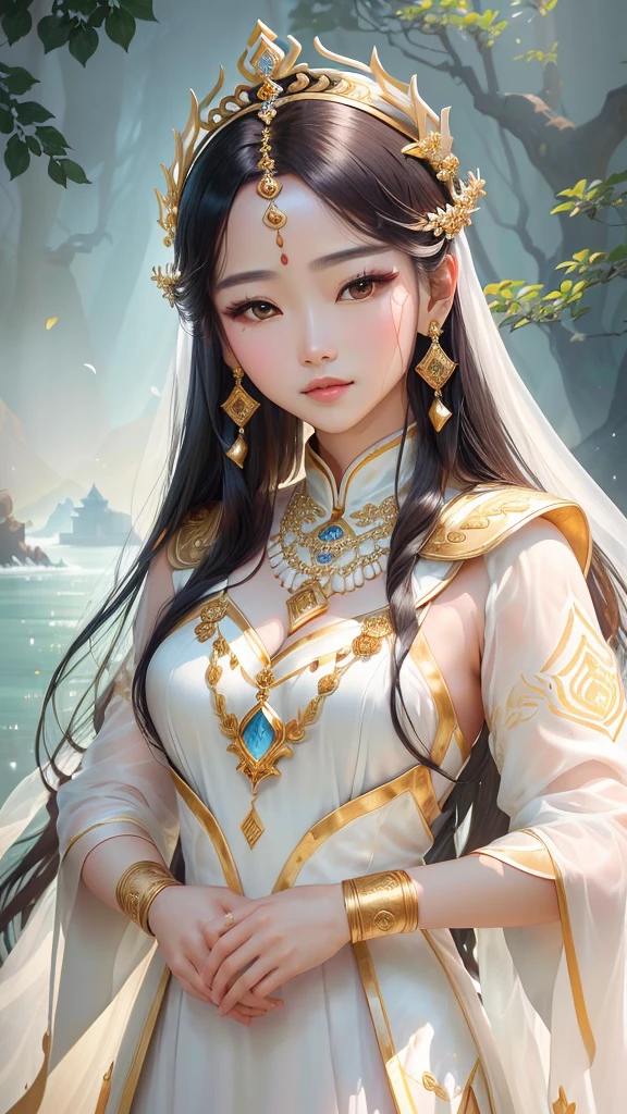 Arav woman in white dress and gold jewelry poses for photo, Queen of the Sea Mu Yanling, Ancient Princess Libu, A young woman plays, Portrait of a Modern Darna, ancient Chinese Princess, Chinese Queen, Chinese Princess, Chinese Goddess, heise-lian yan fang, Inspired by trees